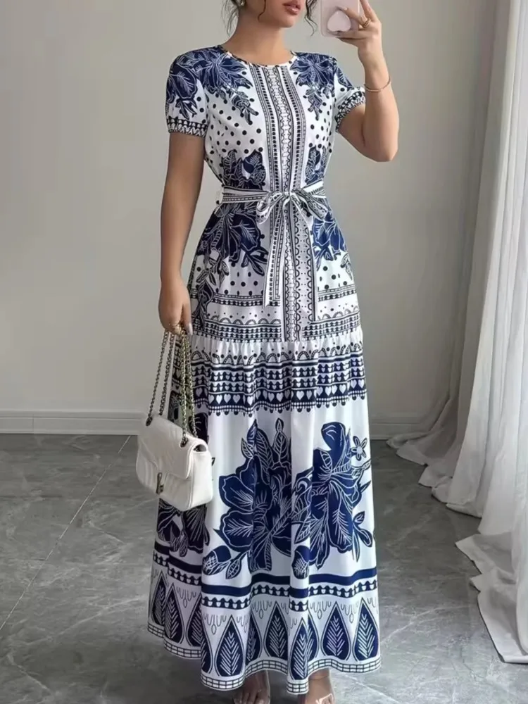 Fashion Print Dress For Women Casual Short Sleeve O Neck High Waist Lace-up Loose Dresses Robe Femme Boho Holiday Party Clothes