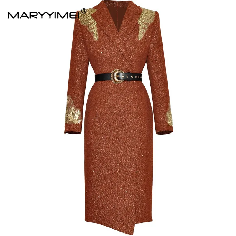 MARYYIMEI Autumn and winter New Style Straight Dress Women Notched Long Sleeved Sequins Sashes Slim Midi Dresses