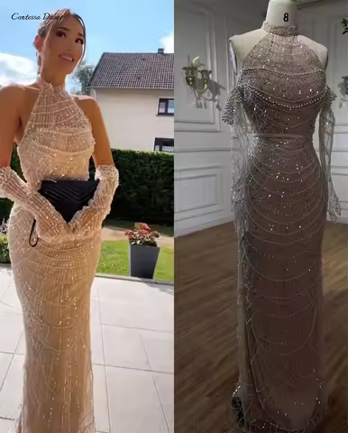 Contessa Custom glam beaded halter neck evening dress illusion tulle pearl off shoulder sleeves sheath party dormal Evening 2025