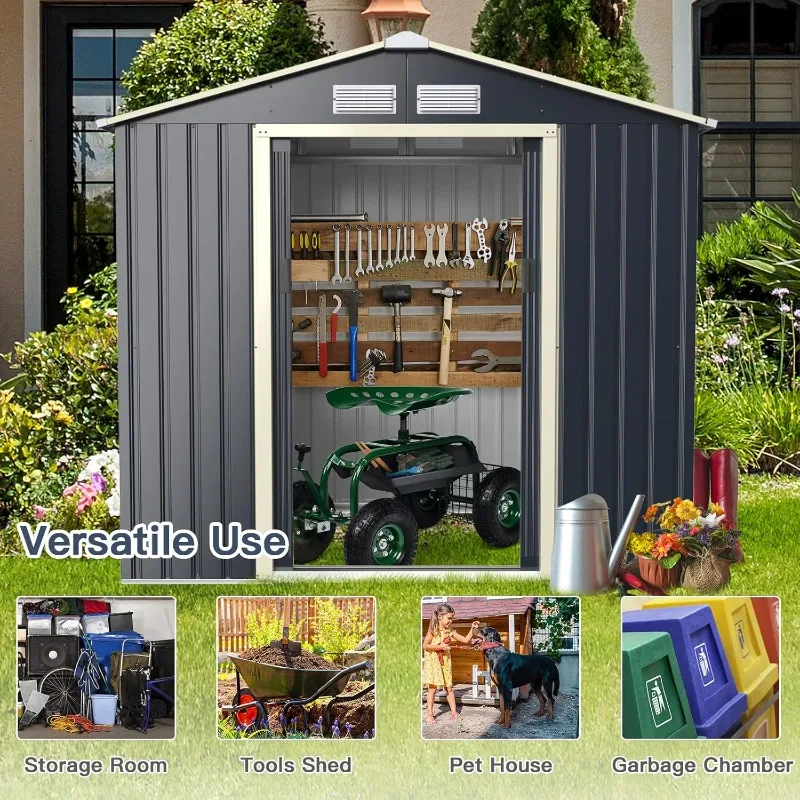 Outdoor Storage Shed with Double Sliding Door, Galvanized Metal Garden Storage Room, Front and Back Vent, Weather Resistant Tool