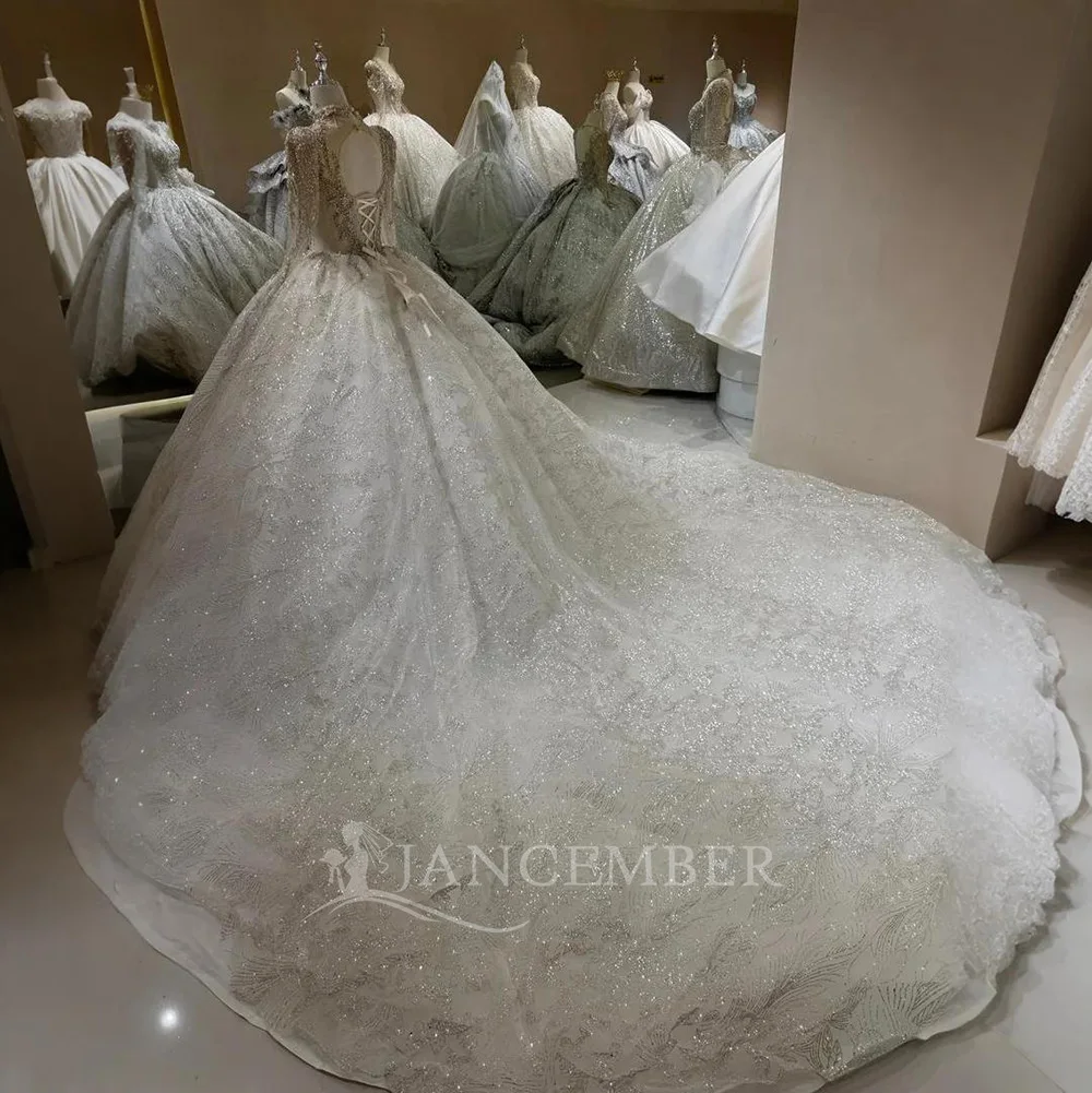 Vintage Pearls Wedding Dress O-Neck Long Sleeve Ball Gown Bridal Gown Princess Ball Bride Dress Customized robe de mariée