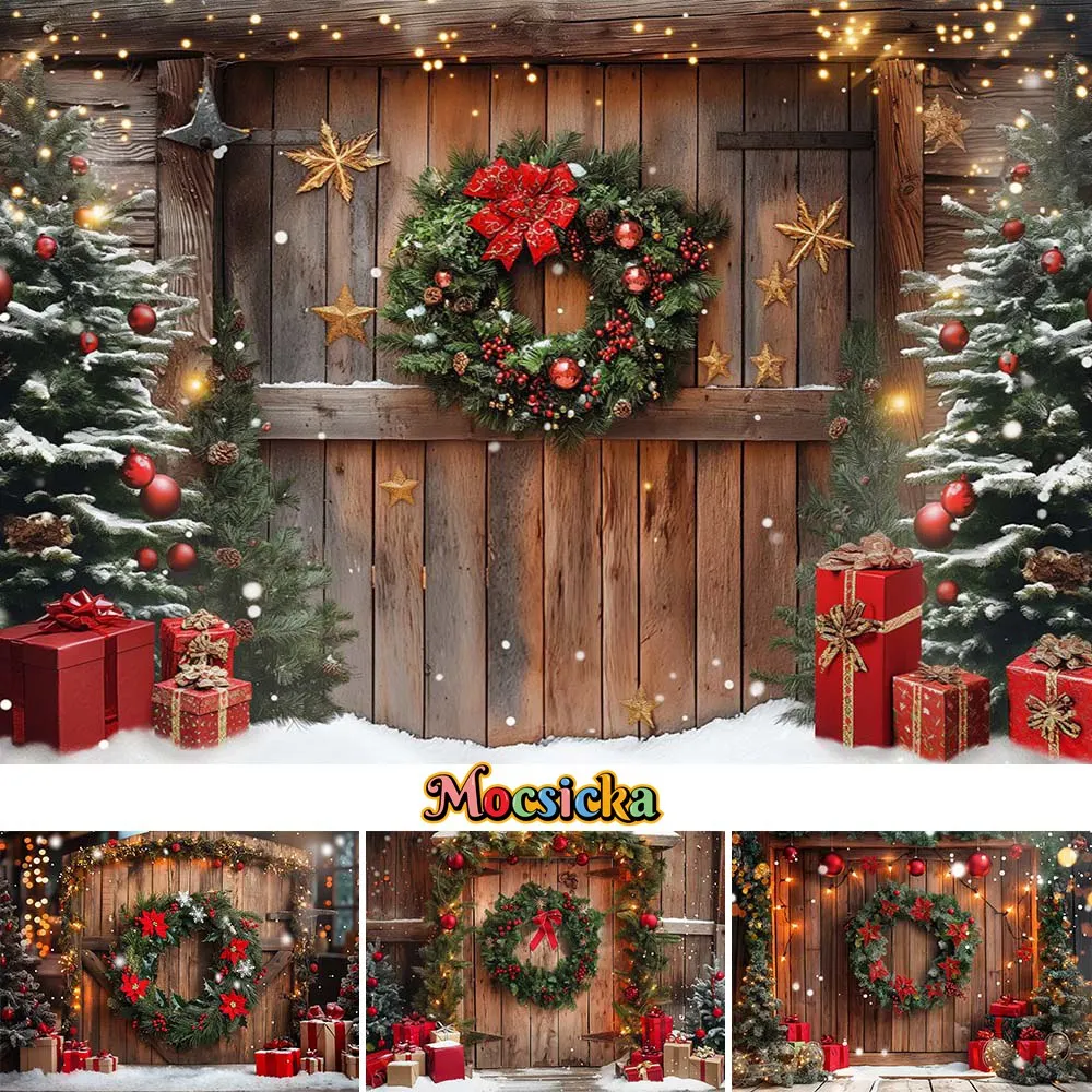 

Mocsicka Winter Photography Background Christmas Outdoor Wooden Board Wreath Xmas Tree Gift Box Children Portrait Photo Backdrop