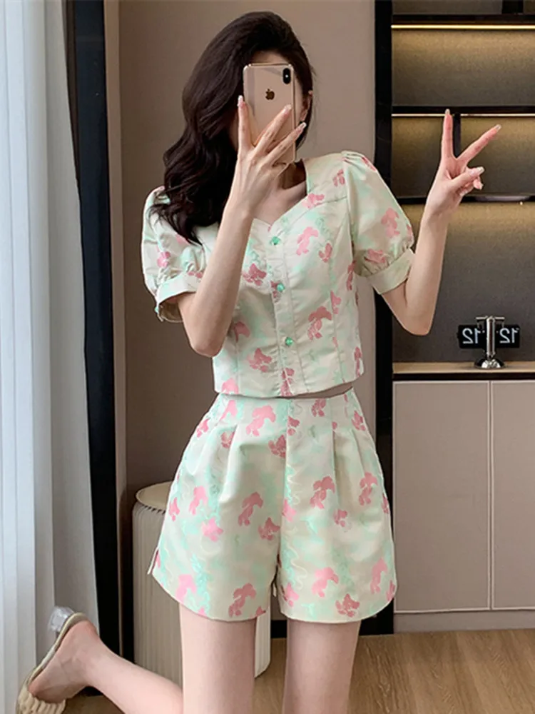 High Quality Small Fragrant Print Two Piece Set For Women Jacket Coat + Short Suits Fashion Casual Jacquard 2 Piece Pant Sets