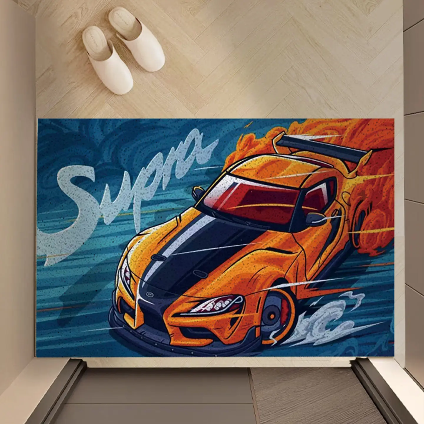 Cartoon Sports Car Print PVC Coil Doormat Non‑Slip Dirt Scraping Cuttable Easy Clean Entrance FloorMat Racing Car Home Decor Rug