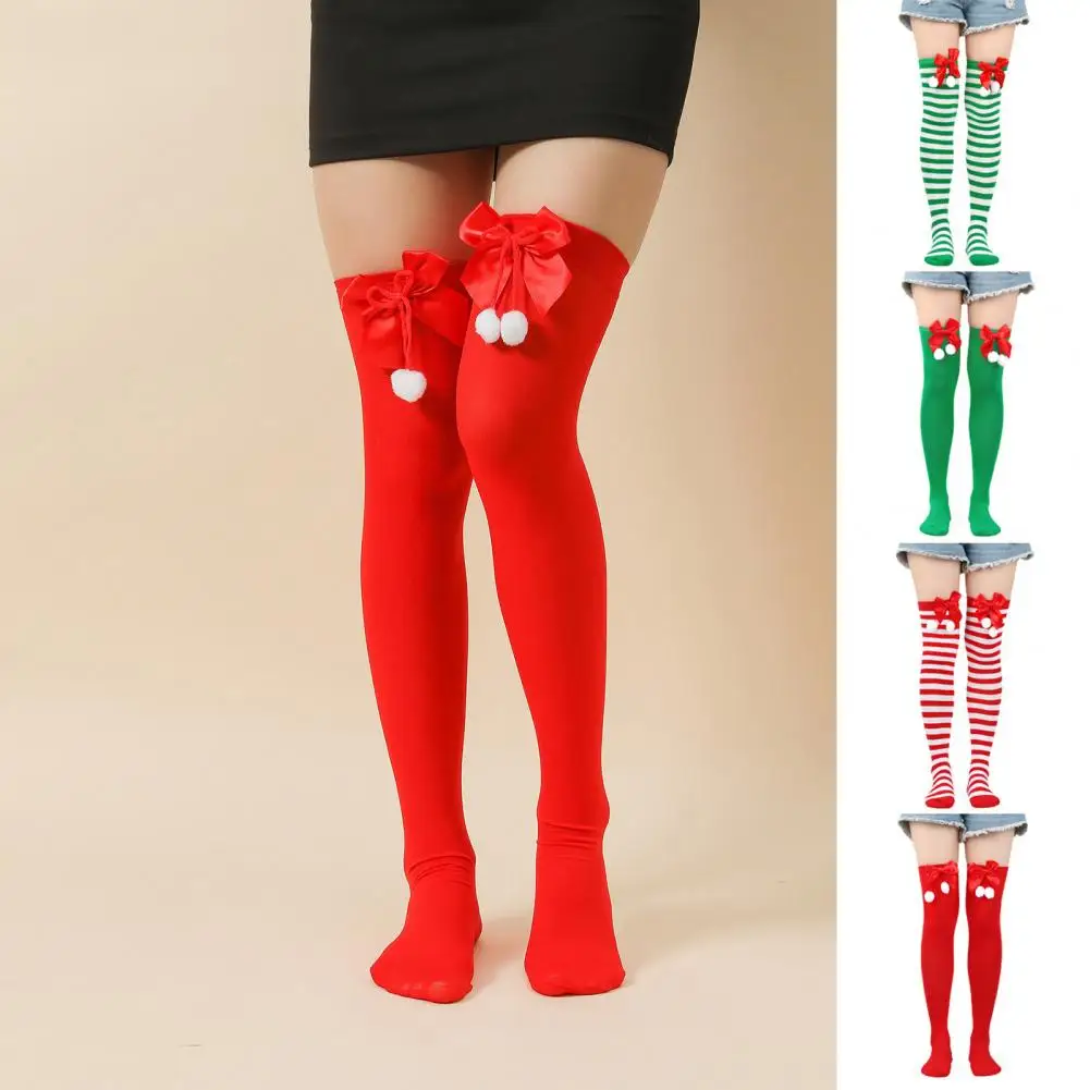 1 Pair Christmas Stockings Colorblock Striped Retro Bow Decor Skinny Performances Cosplay Mini Dress Skirt Pairng Long Socks