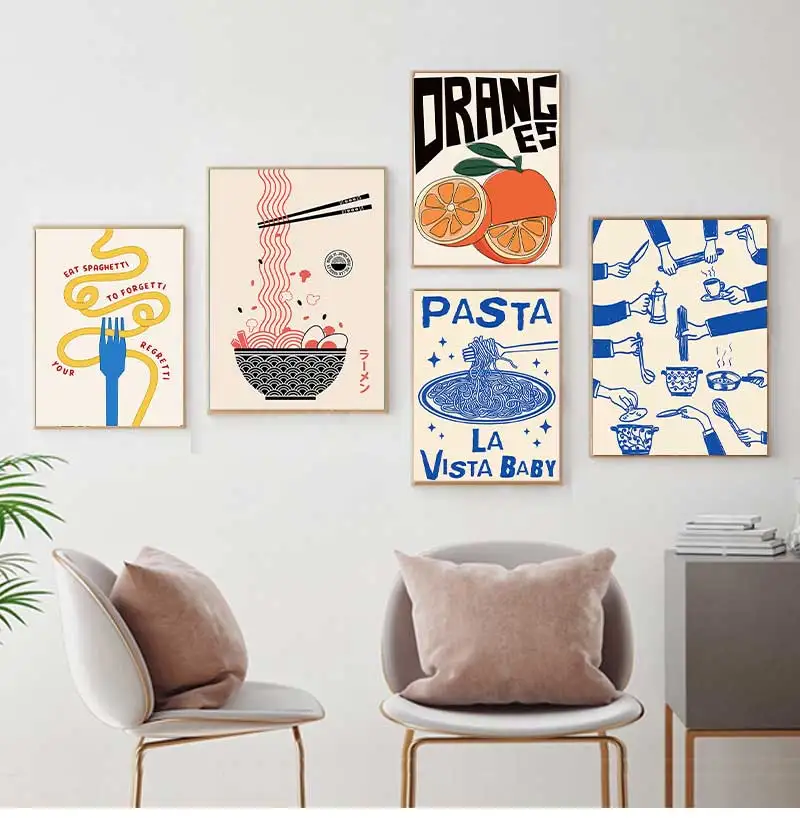 Japanese Ramen Pasta Oranges Lemon Wine Cheers Poster  Canvas Painting Print Wall Art Picture for Living Room Kitchen Home Decor