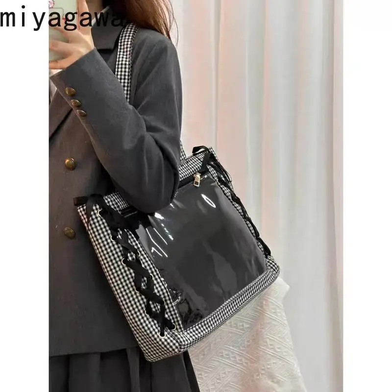

Miyagawa Japanese Transparent Fashion Pain Bag 2024 New Ribbon Bow Girls Handbag Class Tote Bags