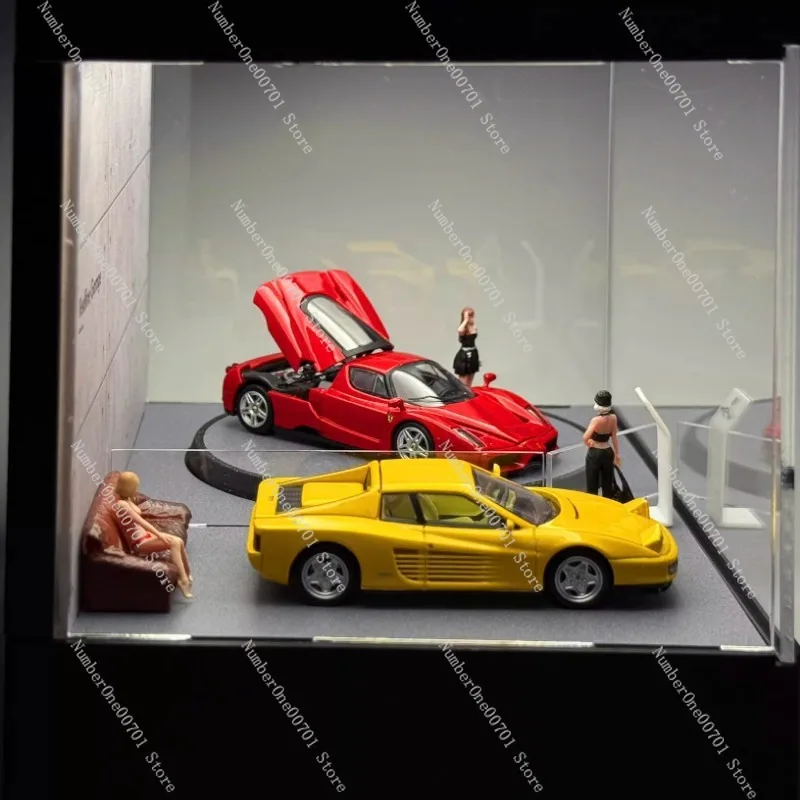 1:64 Rotating Parking Garage Display Case, Creative Car Model Showcase with Turntable, Desktop Diorama Stand