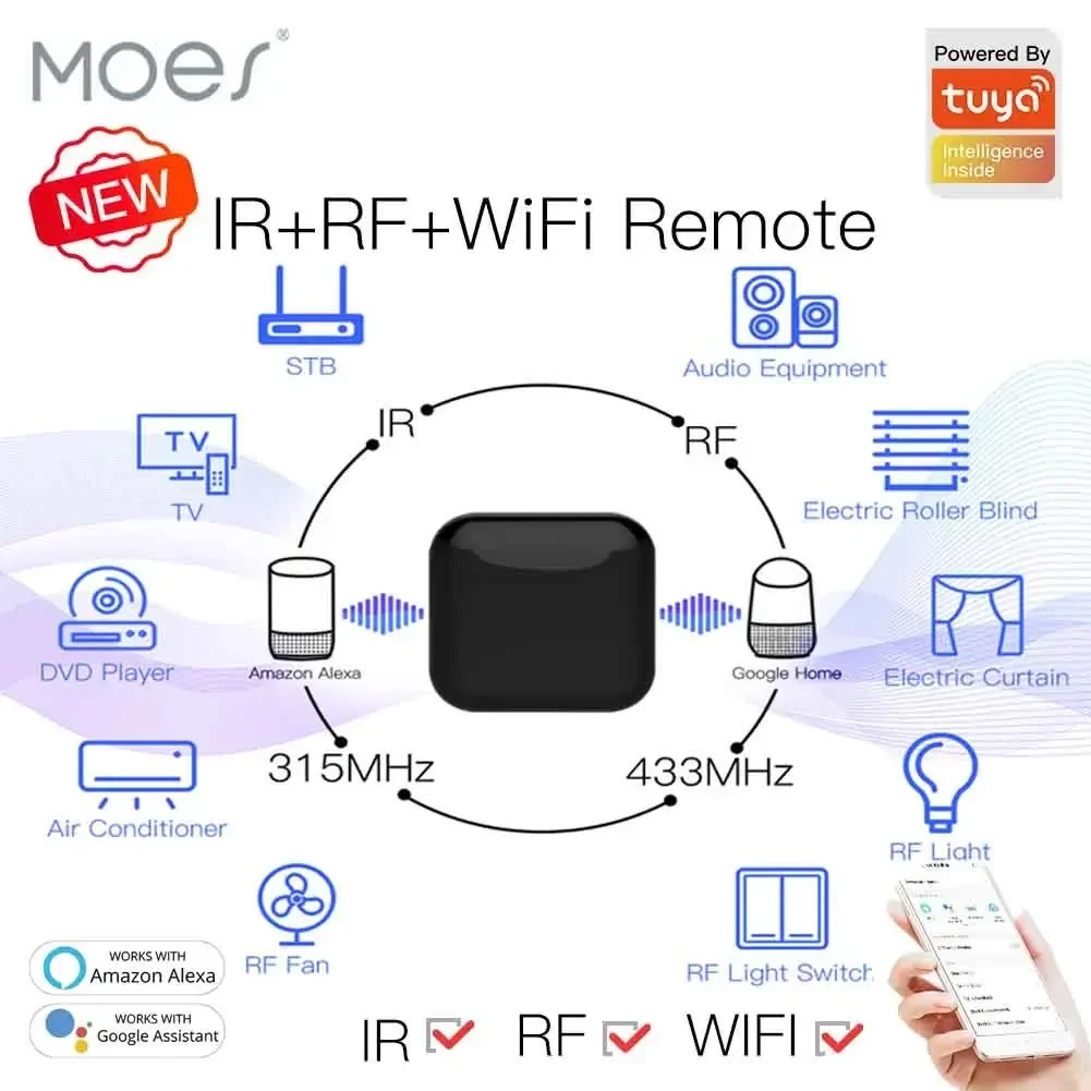 MOES WiFi RF IR Telecomando universale Apparecchi RF Elettrodomestici App Tuya Smart Life Controllo vocale tramite Alexa Google Home