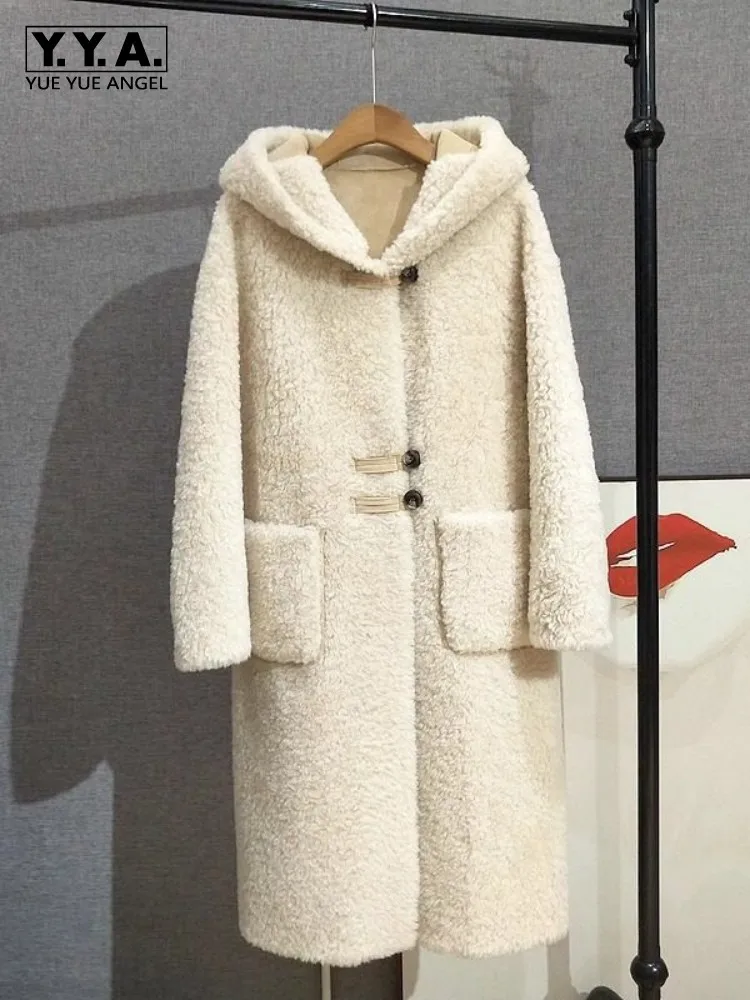 Inverno casual moda feminina casaco de lã com capuz cor sólida quente solto ajuste único breasted moda senhora ovelhas tosquia jaqueta longa