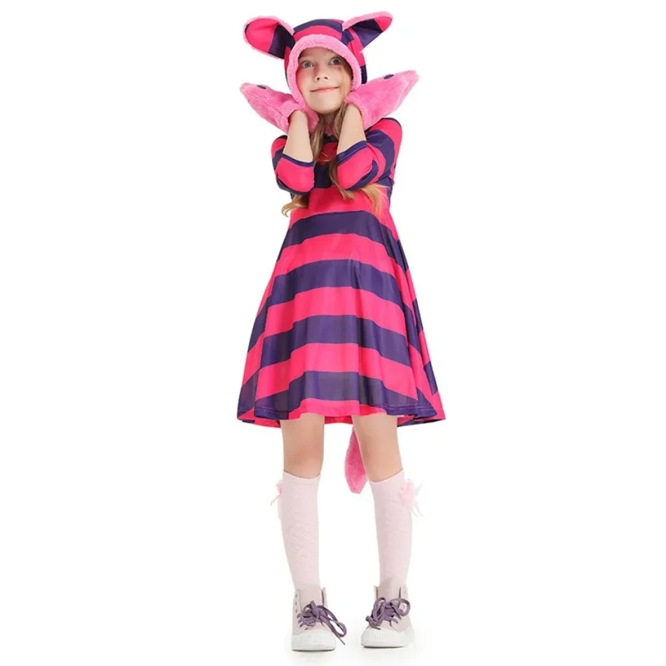 Striped Printed Grinning Cat Girl Dress Cute Cat Paw Children's Performance Outfit Halloween Party Anime Character Dress PS66