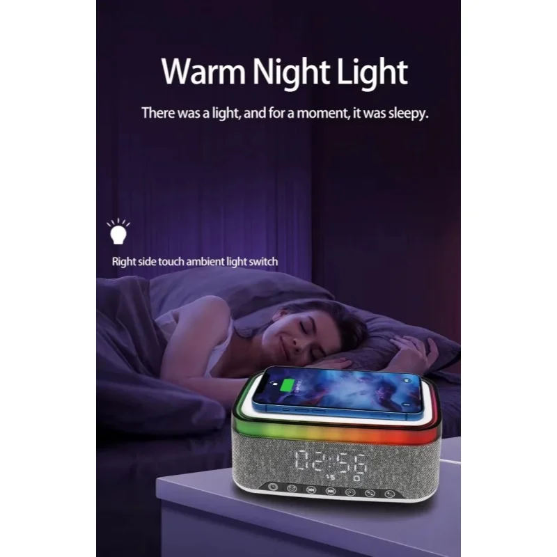 6in1 A911 Smart Bluetooth Speaker with LED Digital Alarm Clock FMRadio TFCard Playback Wireless Charger Bedside Desktop MoodLamp