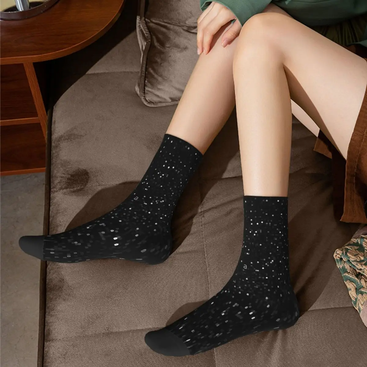 Calcetines de lentejuelas negras brillantes para hombre y mujer, medias estampadas de poliéster, Primavera