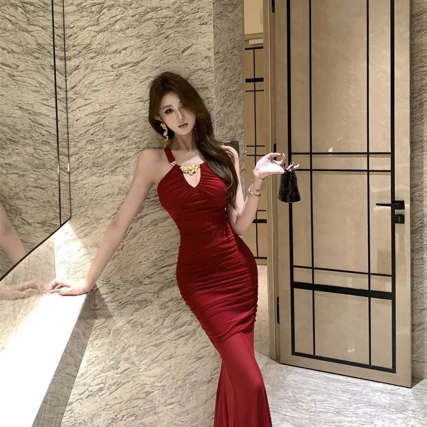 레드 피이 테일 드 네 행잉 메탈 블루 스플라이스 거즈 슬리밍 드 스프링 가을 신상 여성 패셔너블 가운