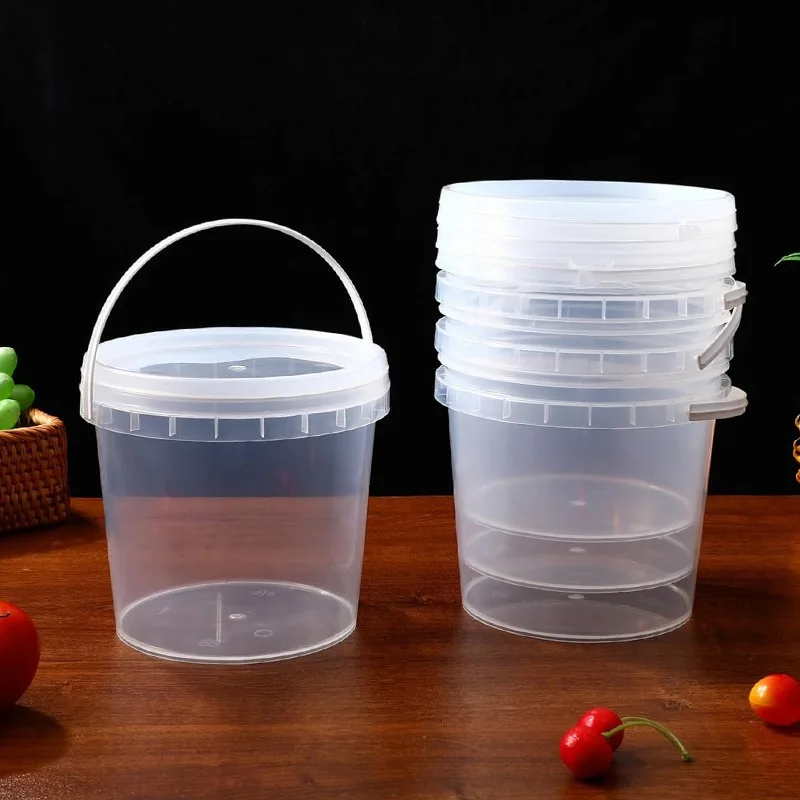 500/750/1000ml Transparent Reusable Leakproof Container for Juice Fruit Tea Snack Storage Buckets Handle Plastic Bucket with Lid