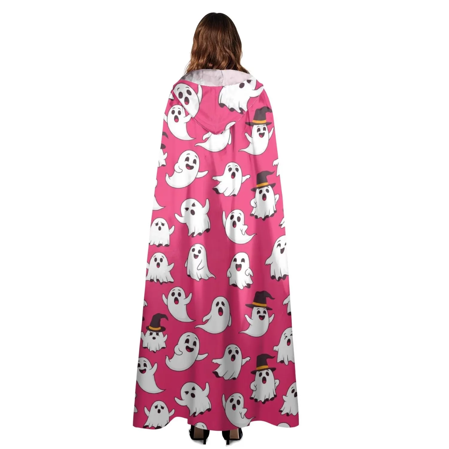 Cute Ghost Witch Hat Pattern Hooded Cloak Halloween Costume Cape for Adults Men Women