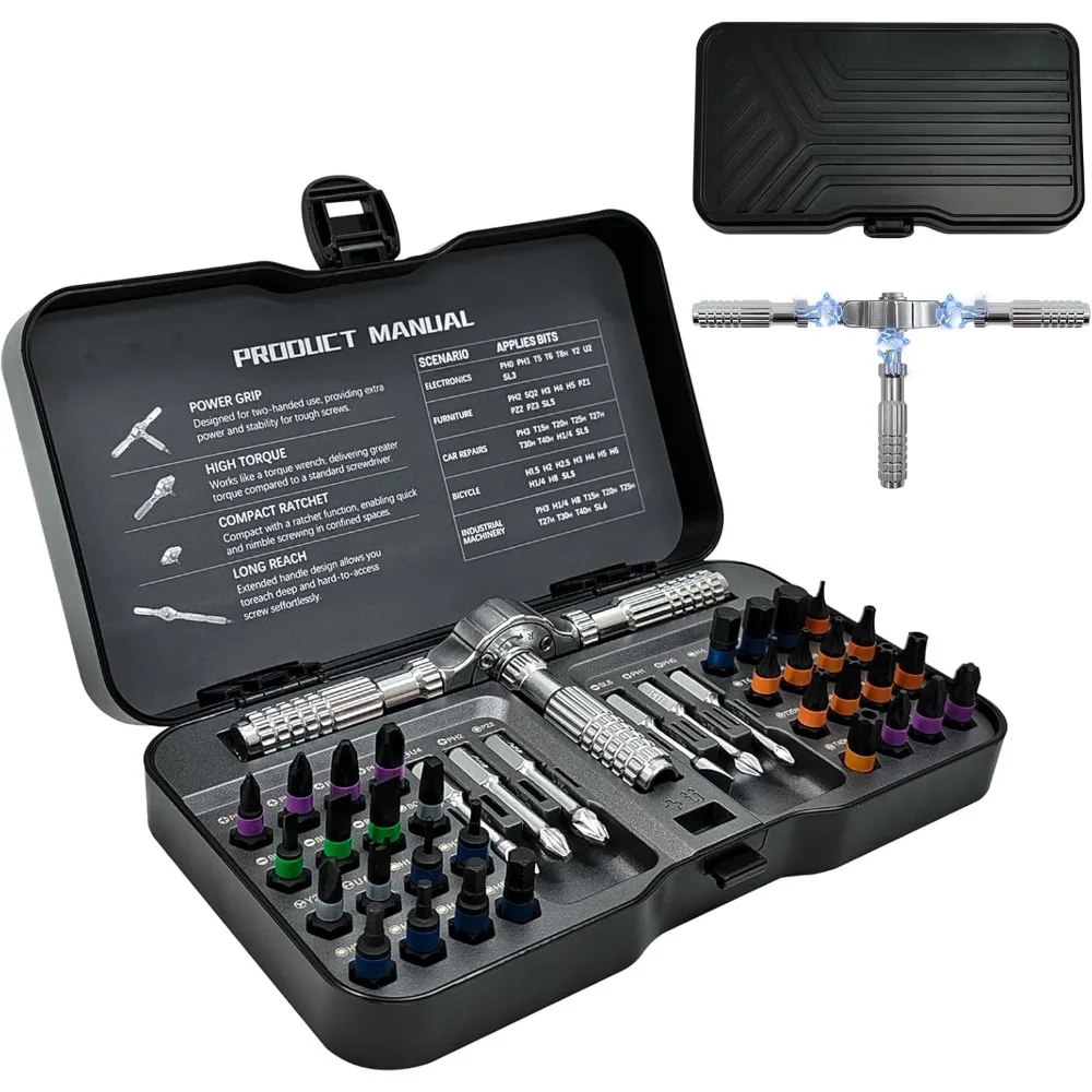 Set Obeng Ratchet 40 in 1, Set Mata Obeng Magnetik Baja S2, Kit Alat Perbaikan Portabel dan Ringkas untuk Elektronik, Komputer