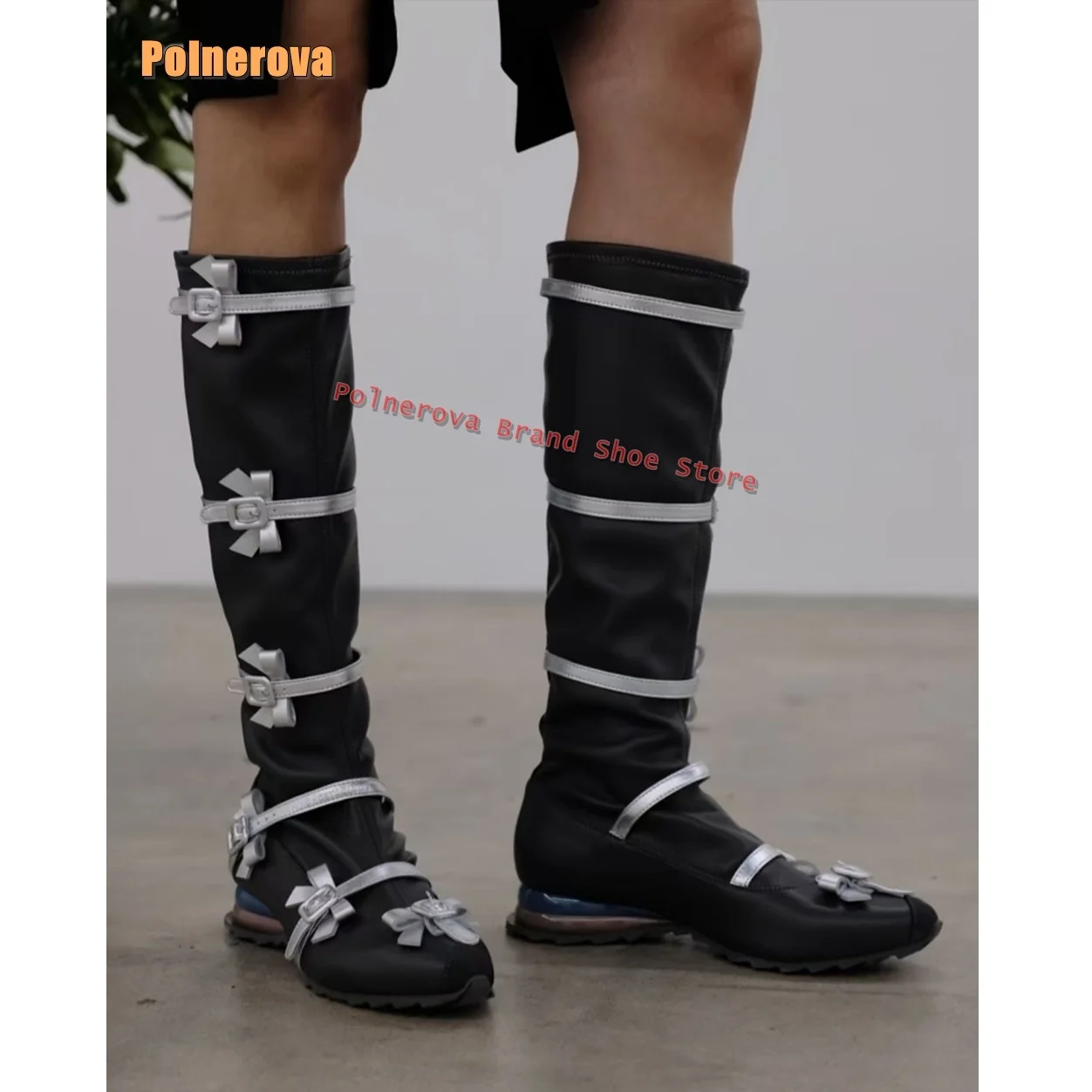

Lolita Bow Buckle Strap Knee High Boots Pointed Toe Patchwork Large Size Sweet Cool Style Women Modern Boots 2024 Winter Newest