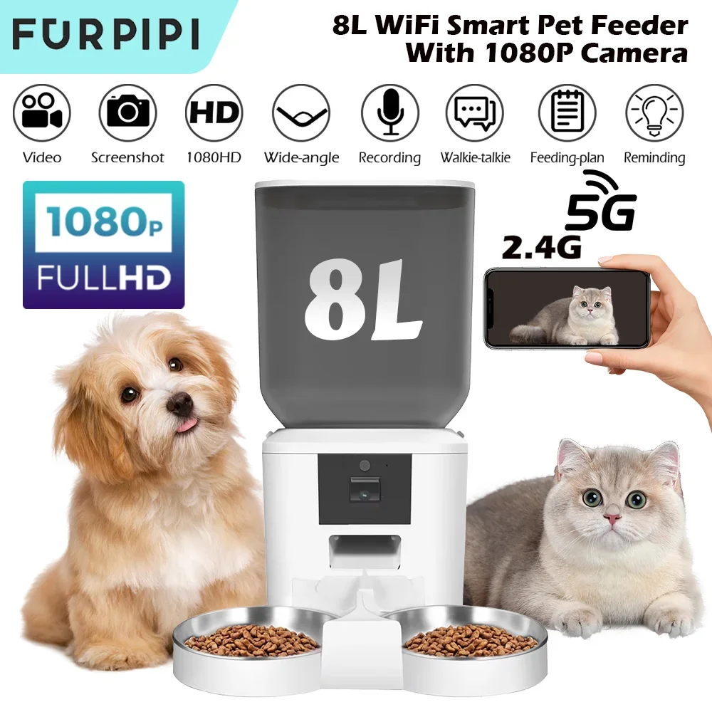 Furpipi 4L/8L Automatic Cat Feeder with Camera HD 1080P 2.4G/5GWiFi User-Friendly Time Setting Feeder for Pets Dogs Cats Bowls