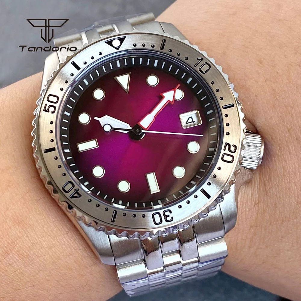 Tandorio NH35 Purple Sunburst Mechanical Diver 41mm Automatic NH35 Men's Watch Sapphire 20BAR Wristwatch Date 3.8 Crown Lume