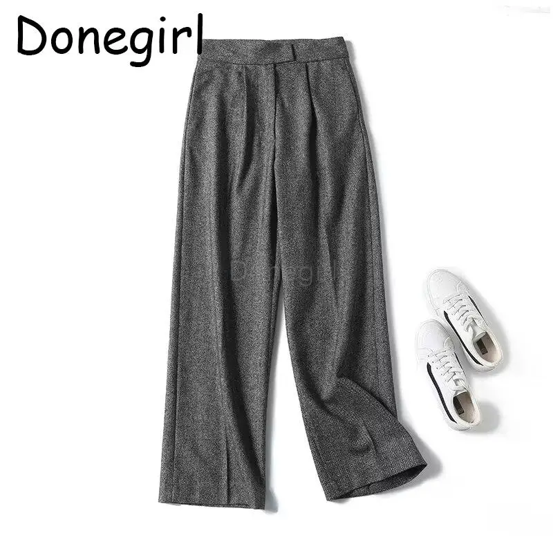 Donegirl Women Autumn Winter 2024 New Fashion Wool Blends Solid Simple Blazer Straight Leg Pants Versatile Female Trousers Chic