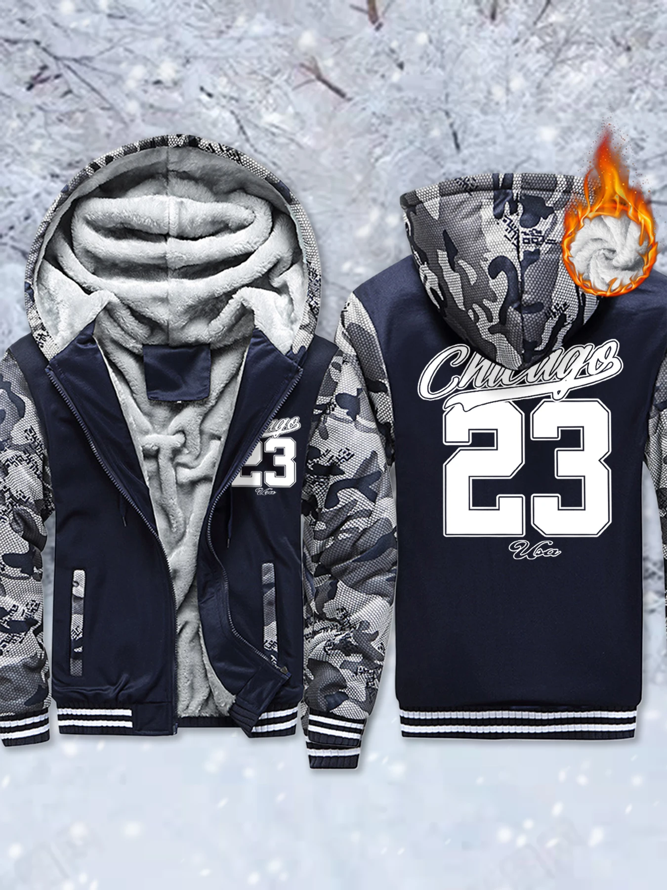 

Chicago Art Number 23 Print Fleece Zip-Up Jackets Male Basic Winter Hoodie Thicken Warm Veste Comfy Soft Streetwear Oversize Top