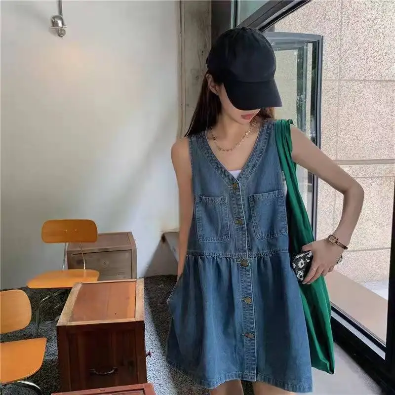 Robe d'été en Denim pour femmes, sans manches, bretelles, poches à simple boutonnage, Style coréen, ample, ligne A, Mini robe