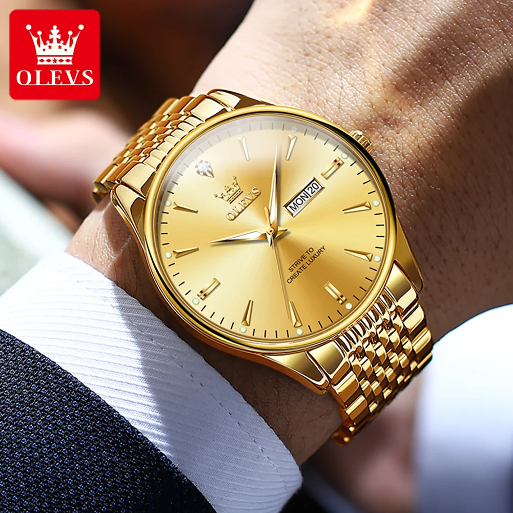 OLEVS Luxury Brand Original Men watches Fashion Waterproof Dual Calendar Quartz Watch Stainless Steel Strap Luminous Wristwatch