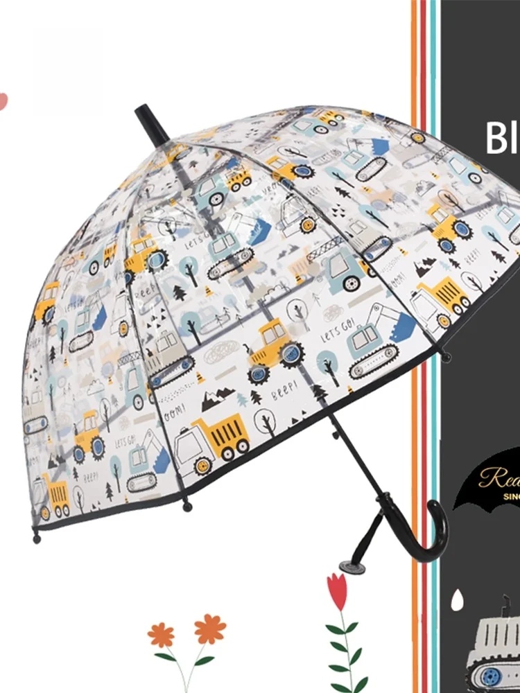 

New 2025 Cute Cartoon Digger Engineering Car Umbrella for Babies Arch Car Umbrella Aluminum Alloy Long Handle Rain Umbrella