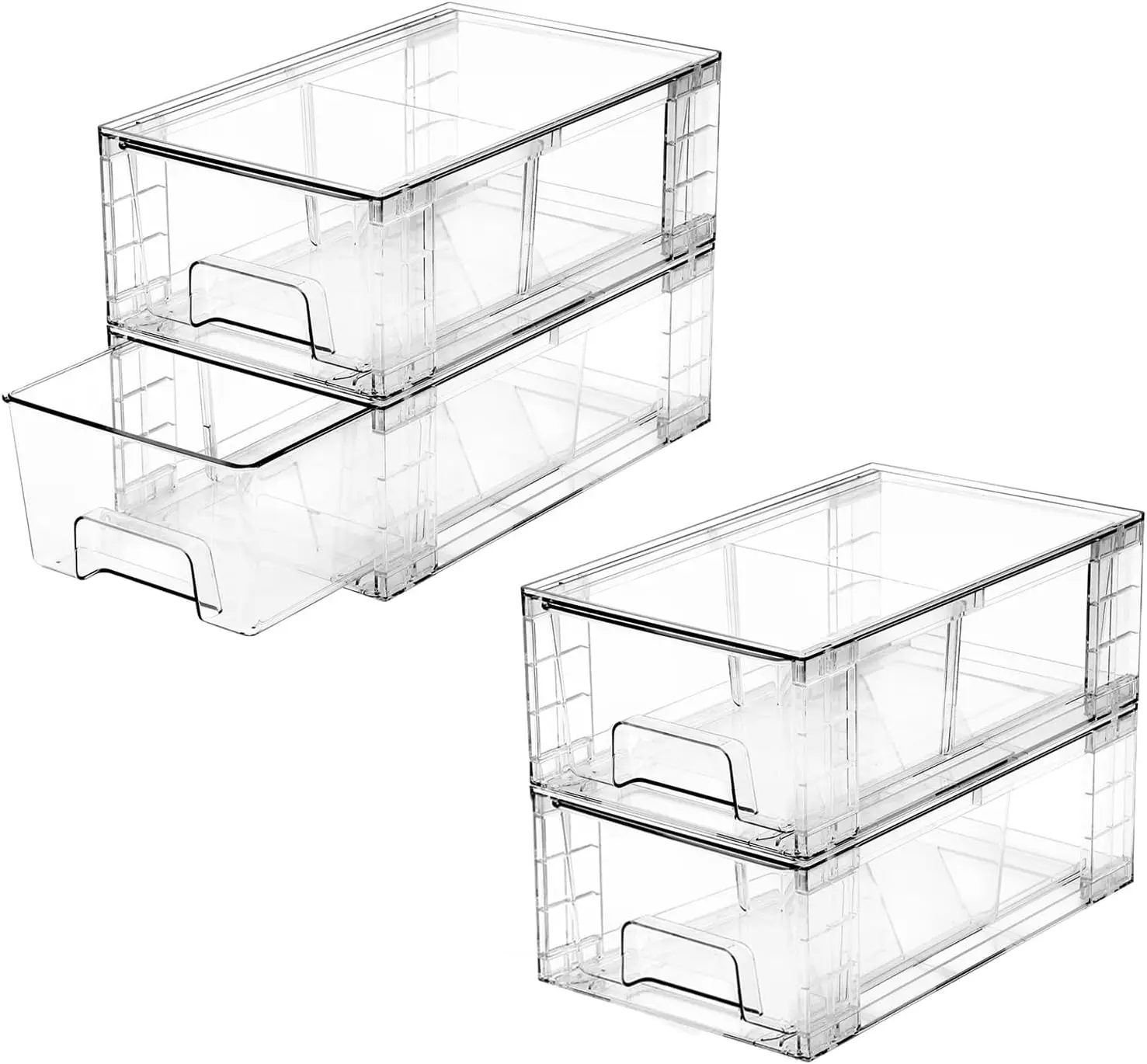 

4-Pack Stackable Storage Drawers with Handles and Dividers for Fridge, Kitchen, Pantry Organization