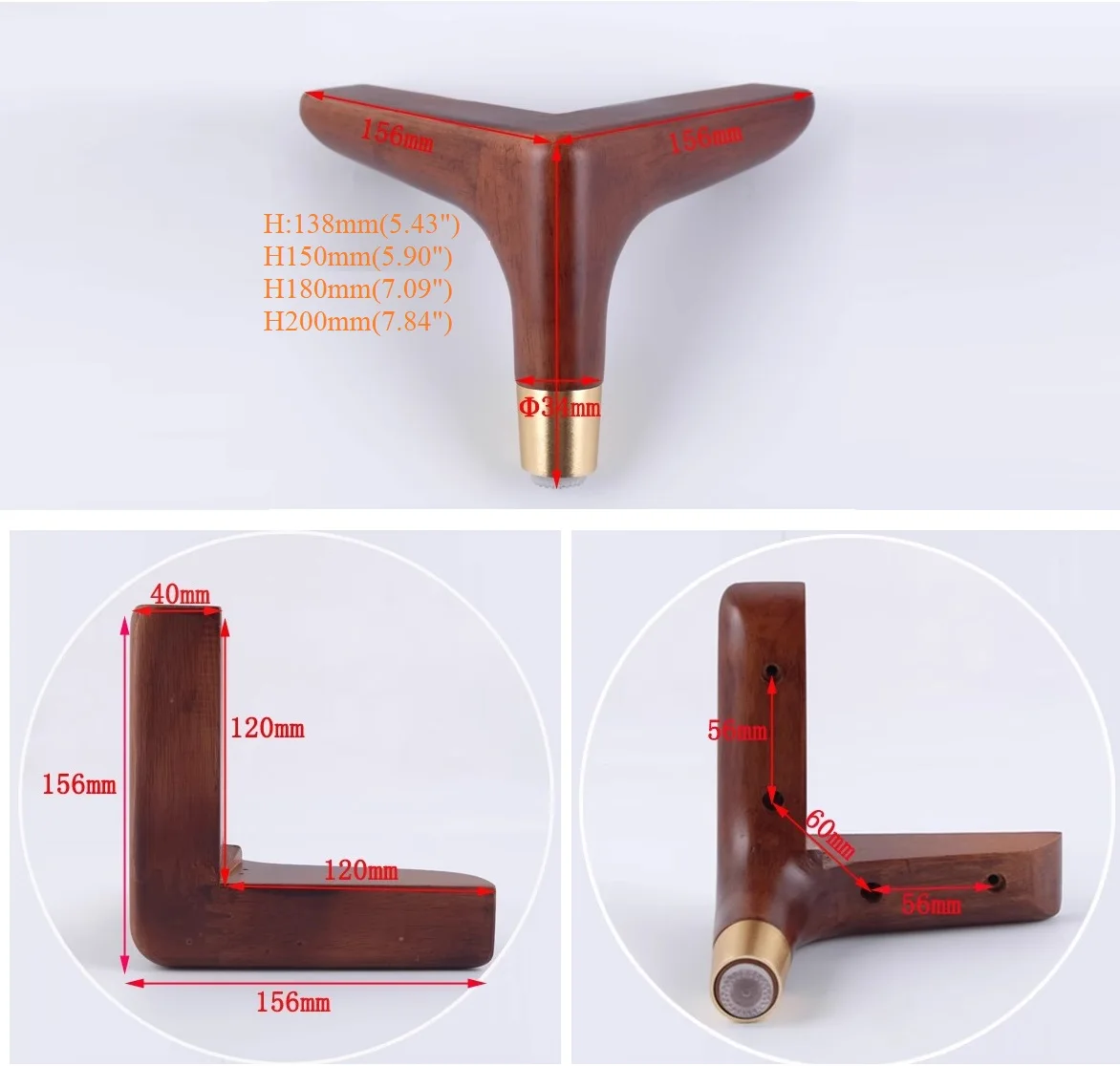 4Pcs Rubber Wood Triangular Leg Feet With Brass Tip For Sofa Furniture Coffee Bar Cabinet Replacement Screw