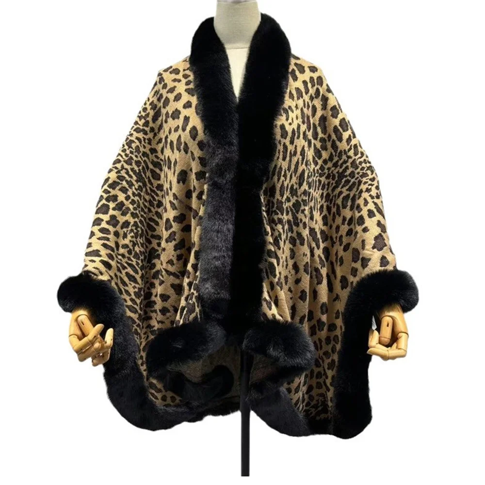 Ciepłe Oversize Leopard Printed Long Poncho Capes Women Wear Loose Overcoat Bat Type Winter Faux Fur Knitted Outstreet Shawl Cloak