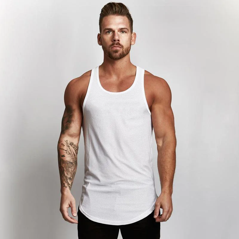 Solid Color Mens Fitness Running Tank Tops Sleeveless Breathable Mesh Quick Dry Singlets Gym Bodybuilding Workout Muscle Shirt