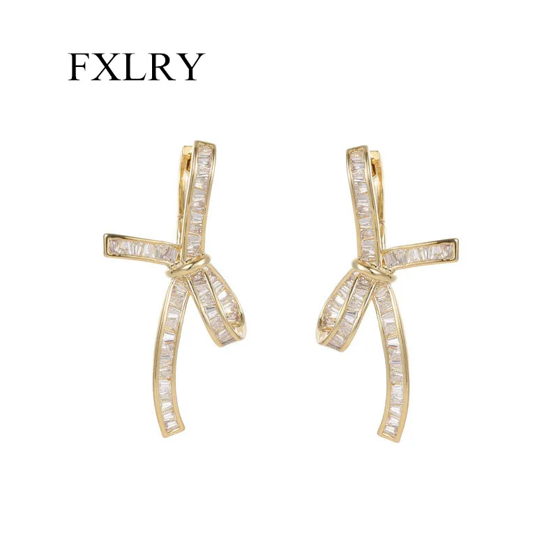 Fxlry 2022 New Square Zircon Bow Trande French Vintage Earrings For Women