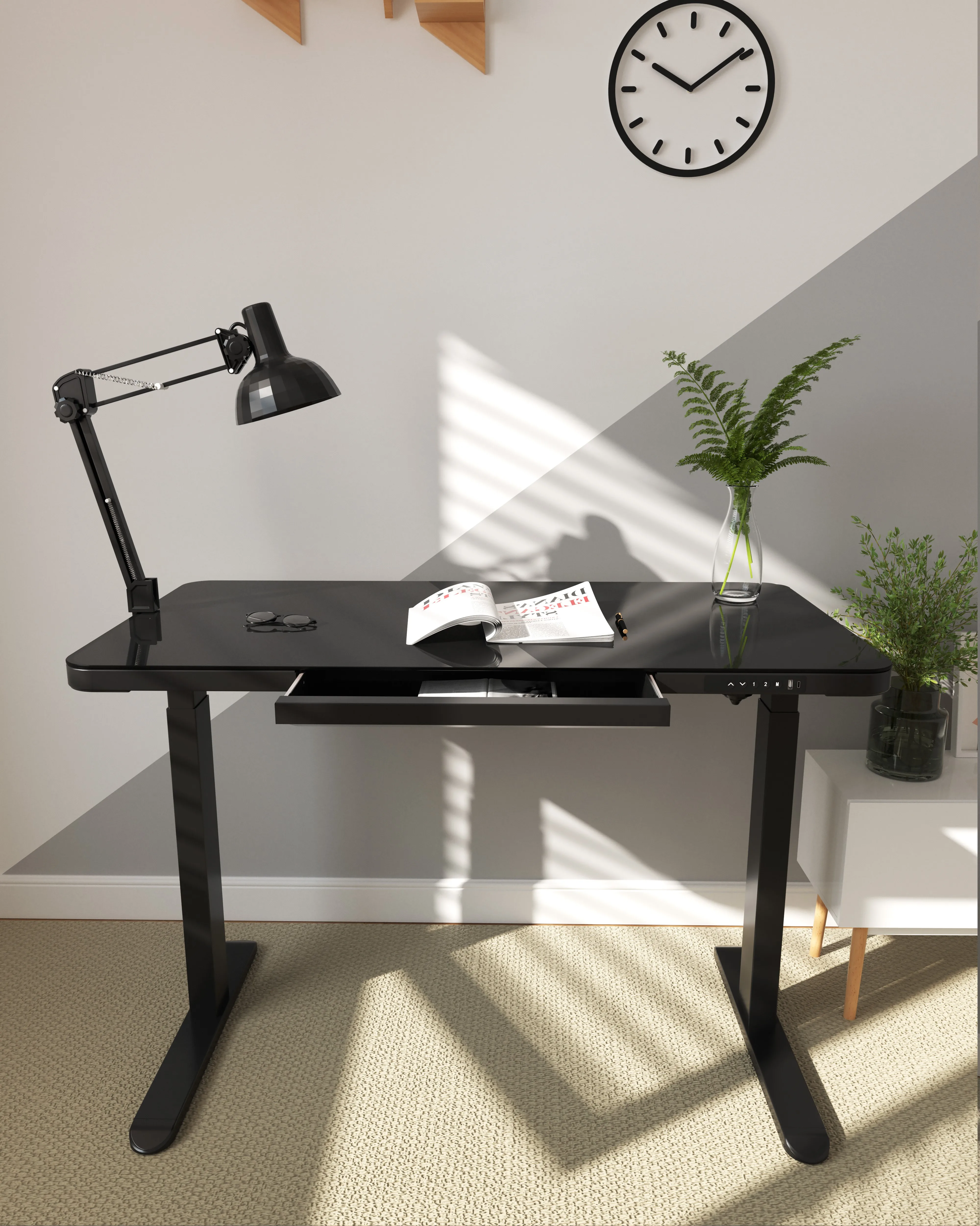 White Ergonomic Office Furniture Electric Smart Single Motor Sit Glass Stand Adjustable Standing Desk