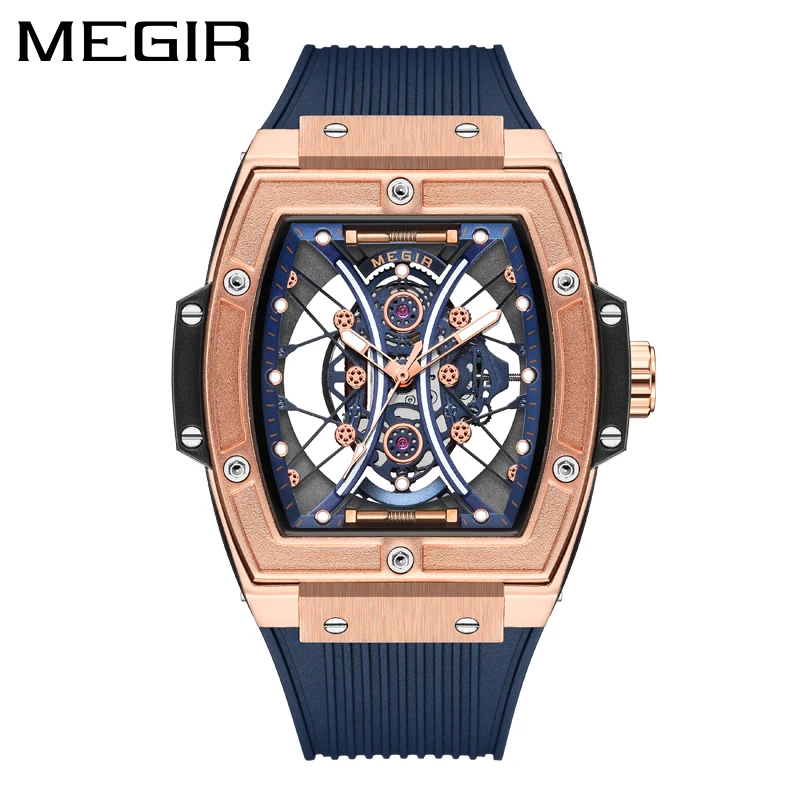 MEGIR-Montre de sport à quartz pour hommes, bracelet en silicone, étanche, mode creuse, marque supérieure, montres-bracelets militaires de luxe