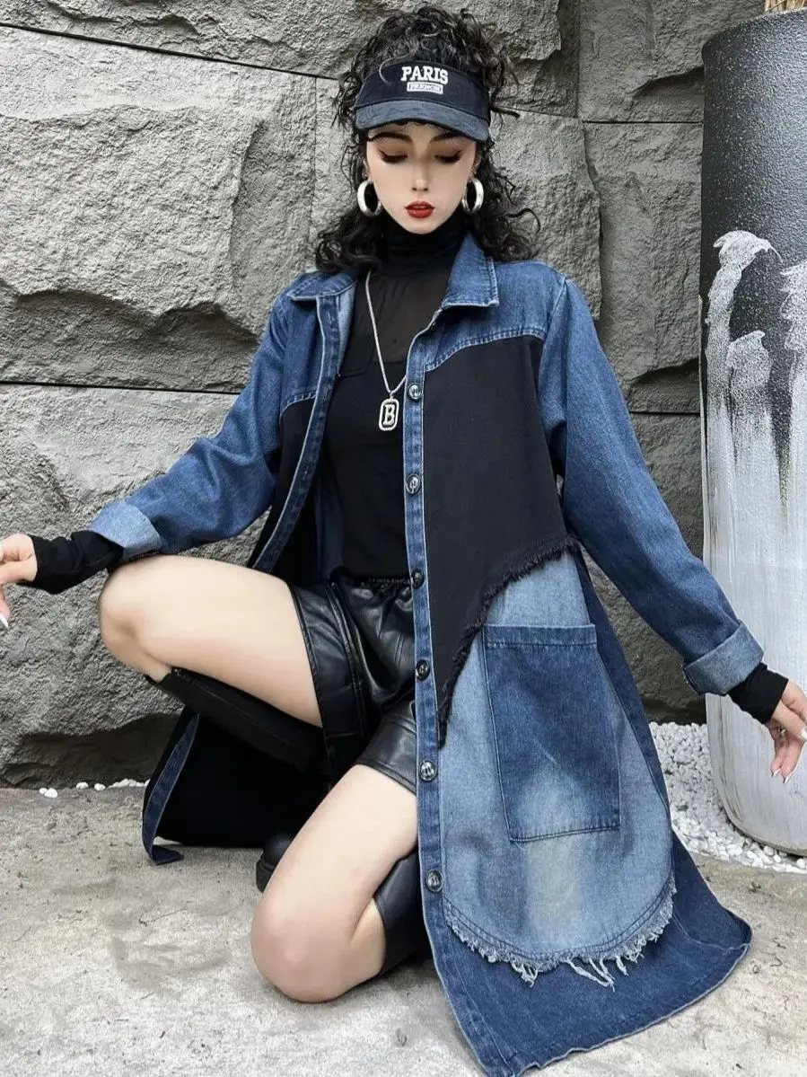 Extra Large 300 Pou automne nouveau paresseux ample minceur sur le genou mi-longue épissage Denim Sle femmes à la mode manteau Jaet