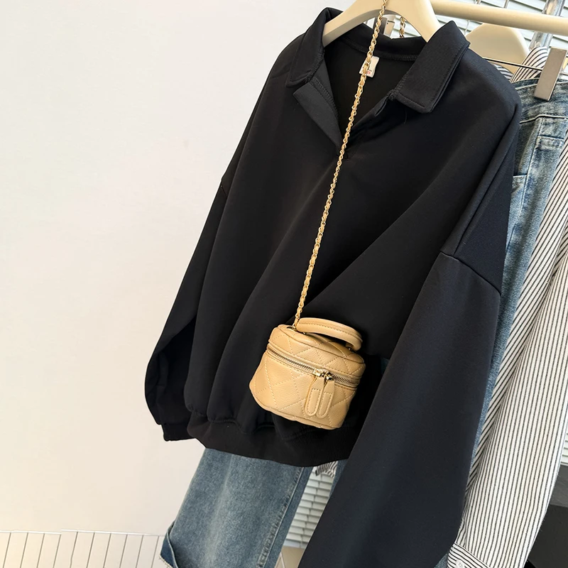 솔리드 컬러 v 넥 스웨트 다목적 세련된 긴 소매 탑 여성을위한 고급 느슨한 옷깃 간단한 풀오버