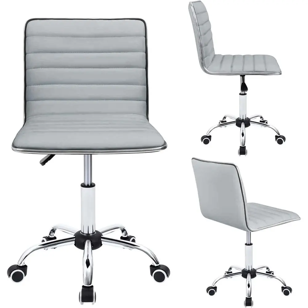 Retro Style Armless Ribbed Light Grey Mid-Back Swivel Chair for Computer Desk