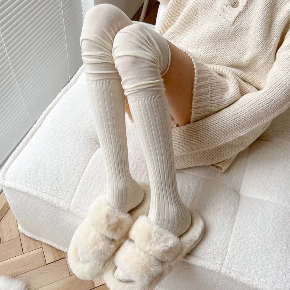 Simple Solid Color Thigh High Stockings Women Trendy Casual Over The Knee Long Socks Thermal Warm Cotton High Tube calcetines