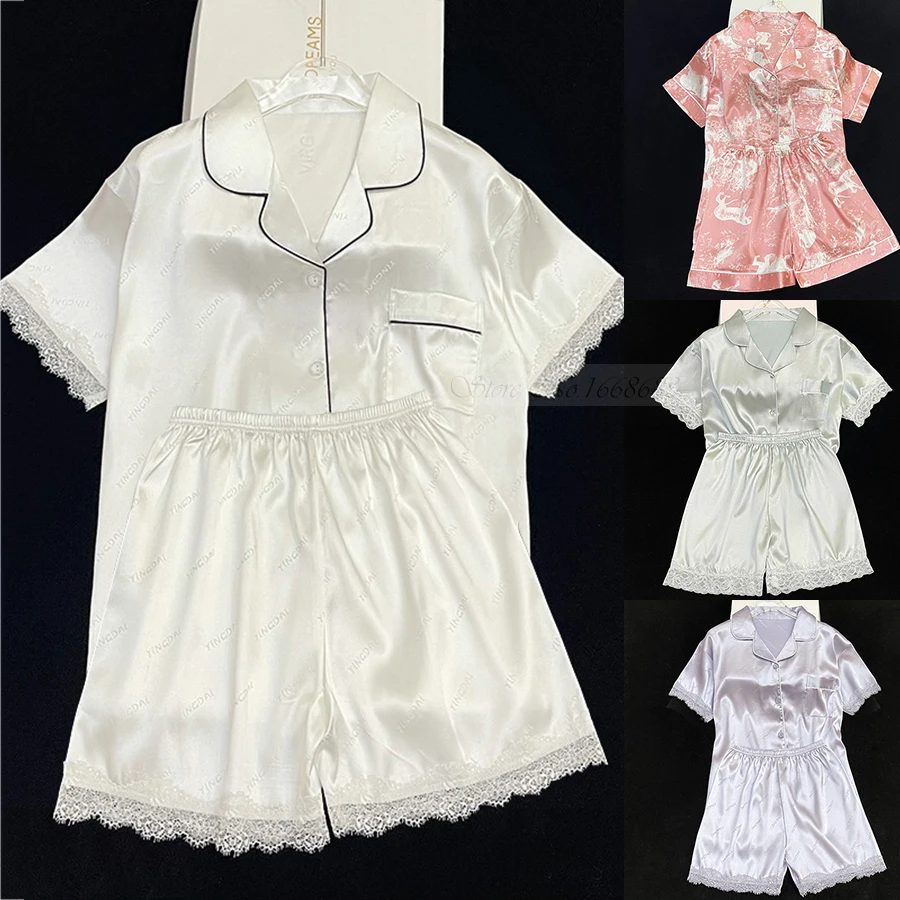 Summer Female Pajamas White Short Sleeve Shorts Pijamas Suit Sexy Lace Trim 2PCS Sleepwear Set Homewear Loose Satin Lounge Wear