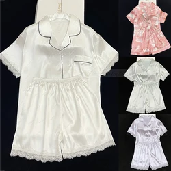 Summer Female Pajamas White Short Sleeve Shorts Pijamas Suit Sexy Lace Trim 2PCS Sleepwear Set Homewear Loose Satin Lounge Wear