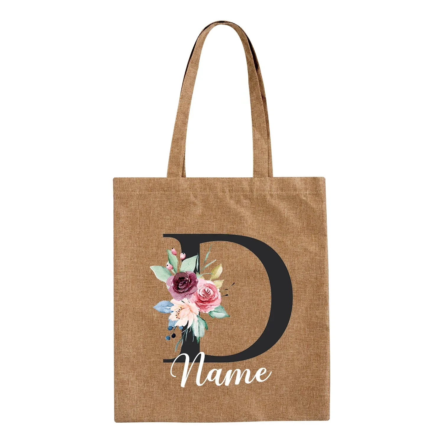 Foldable Shopping Bag Flower Letter Customize Name Linen Bag Ladies Casual Tote Bag Large Capacity Reusable Christmas Gift Bags