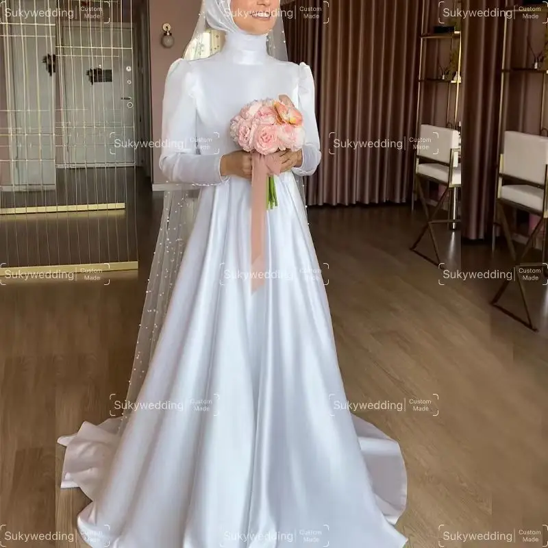 Modest Muslim Wedding Dresses Long Sleeves High Neck Satin Bridal Gown Saudi Bespoke Formal Evening Party Dress Customized