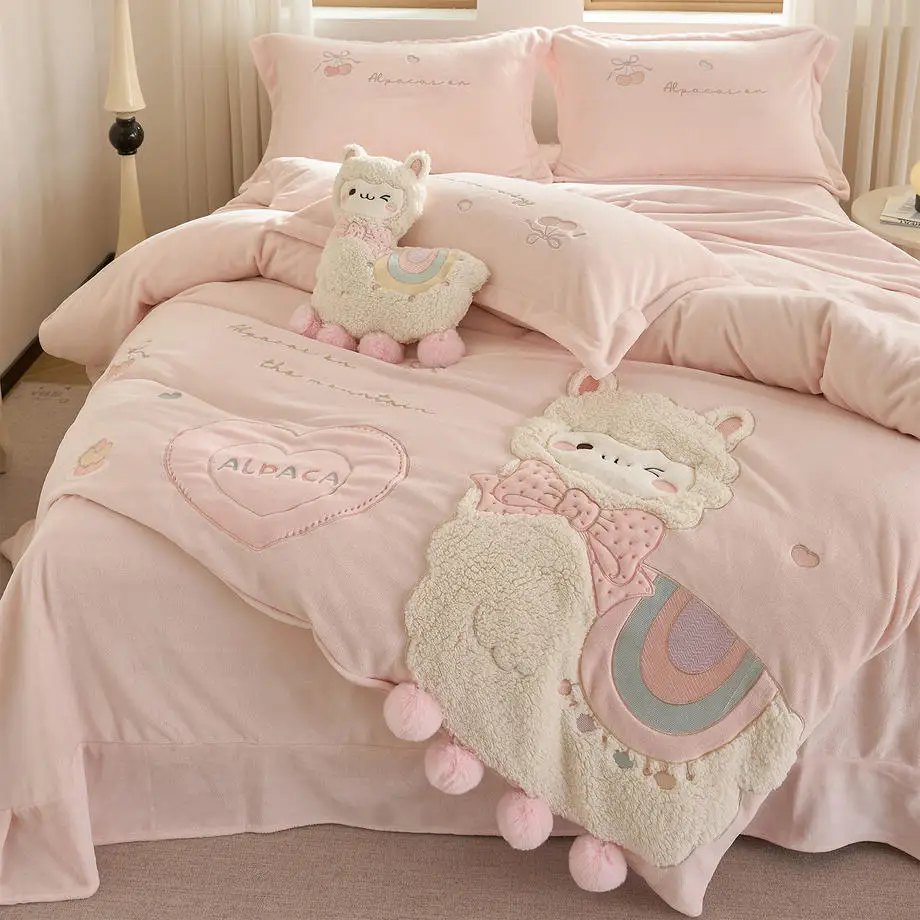 Cute Alpaca Llama Applique Embroidery Velvet Bedding Set Pink Duvet Cover Set With Pompom Ball Winter Plush Bed Sheet Pillowcase
