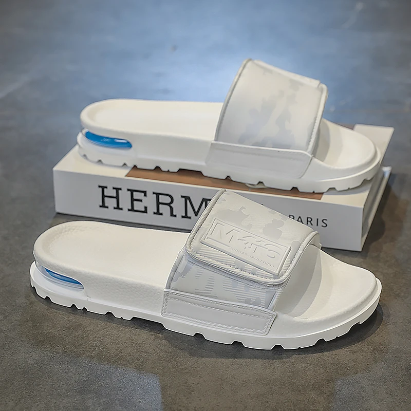 Unisex Weiße Camo Klettverschluss-Sandalen Luftkissen Dicke Profilsohle Verstellbarer Riemen Rutschfeste Outdoor-Strand-Freizeitpantoffeln