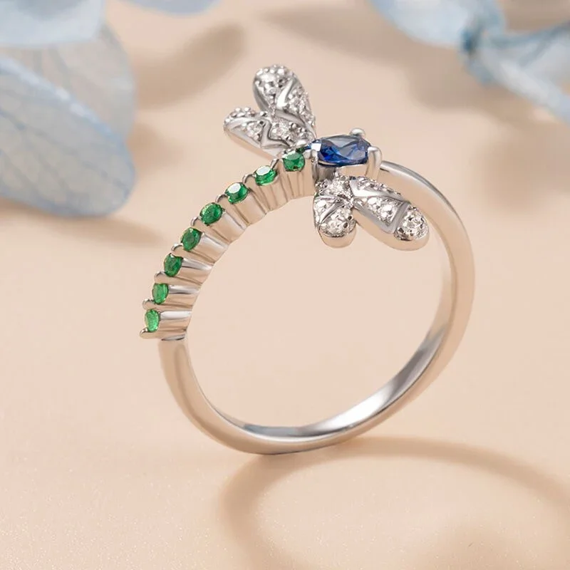 CAOSHI Funny Dragonfly Ring for Women Statement Jewelry with Bright Zirconia Aesthetic Silver Color Insect Accessories for Lady
