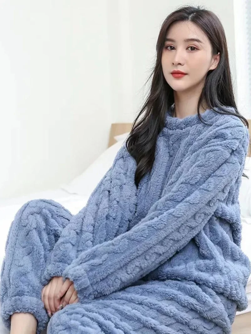 CHUANGERM Thick Coral Fleece Women's Pajamas Set Autumn Winter Warm Flannel Fleece Lined Large Size Sleepwear Suit Home Clothes