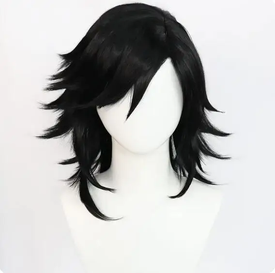 Synthetic 18inch Medium Length Black Straight Spiky Layered Alucard Cosplay Wig with Oblique Bangs for Halloween Christmas