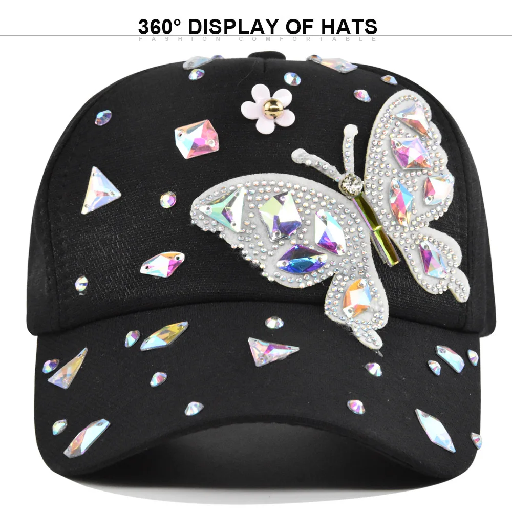 Women's Bling Rhinestone Butterfly Baseball Cap Adjustable Hip Hop Hat